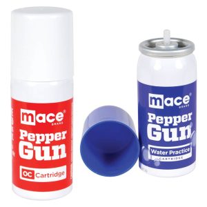 Mace Pepper Gun 2.0 OC and Water Practice Refill Dual Pack 80422 — One OC Pepper Cartridge + One Water Training Cartridge, 7 Bursts Each, 20-Foot Range, 0.99 oz