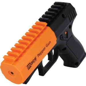 Mace Brand Pepper Gun 2.0 80586 — OC Pepper Cartridge, 20-Foot Range, 7 Bursts, Dual-Mode LED Flashlight/Strobe, Picatinny Rail, Practice Cartridge Included, Slide Safety