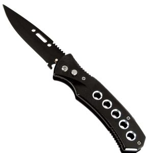 Safety Technology Automatic Heavy Duty Knife with 5-Hole Handle — 3.5-Inch Stainless Steel Blade, 8-Inch Overall, Safety Lock, One-Hand Deployment, 4.5-Inch Collapsed, Belt-Ready EDC Knife
