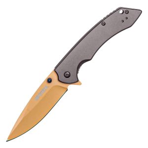 Assisted Open Folding Pocket Knife 8" Overall — 3.5-Inch 3Cr13 Steel Blade, Stainless Steel Handle, Belt Clip, Lanyard Hole, Available in Green, Orange, Purple, and Red